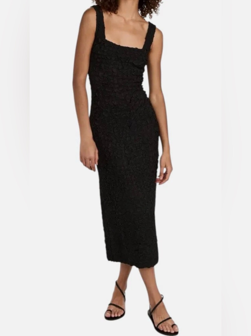 Mara Hoffman Sloan dress black xs Textured Black Midi Dress with Square Neck